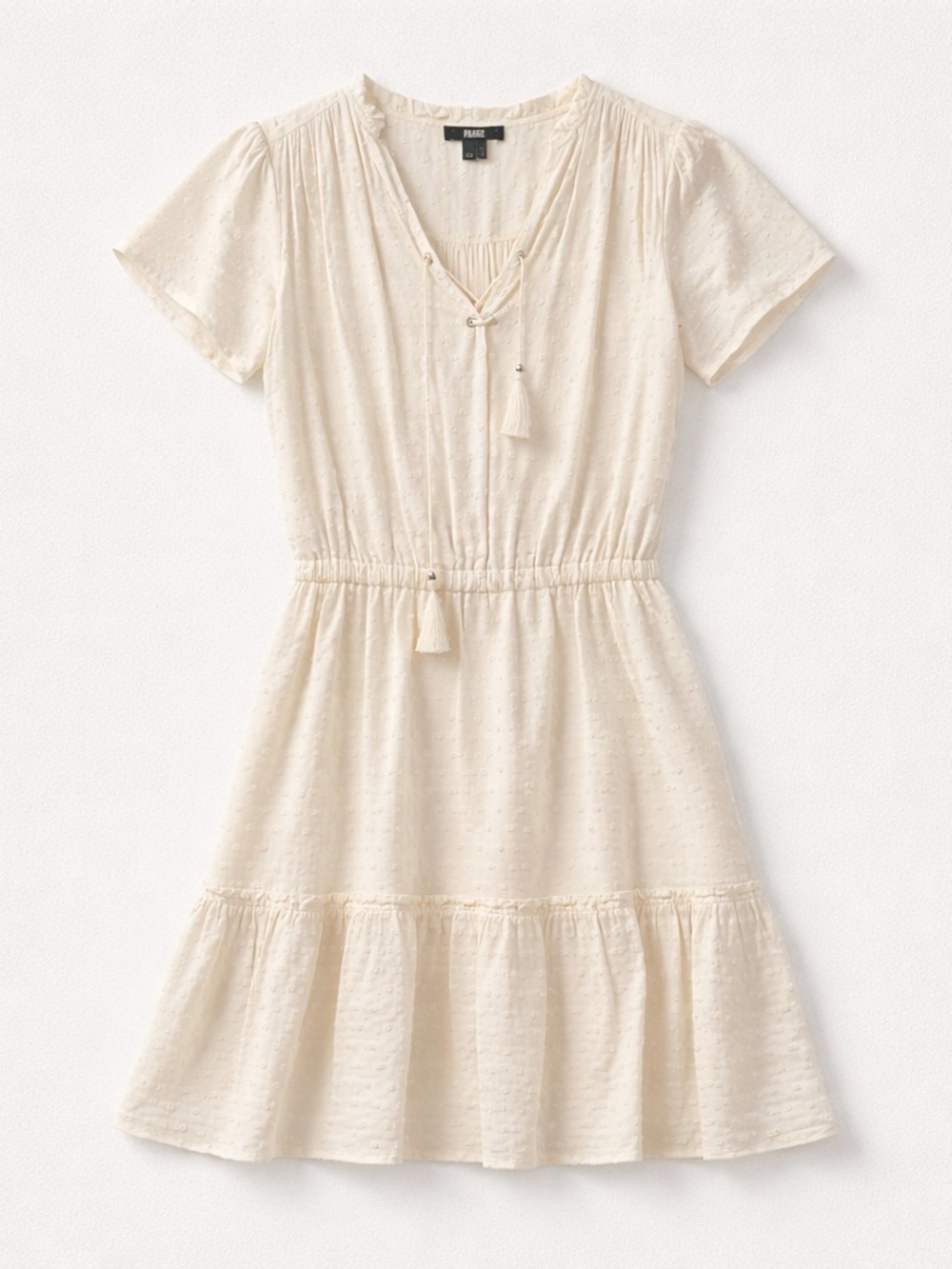 PAIGE Off White Swiss Clip Dot Mini Dress Tassel V-Neck Smocked Waist XS